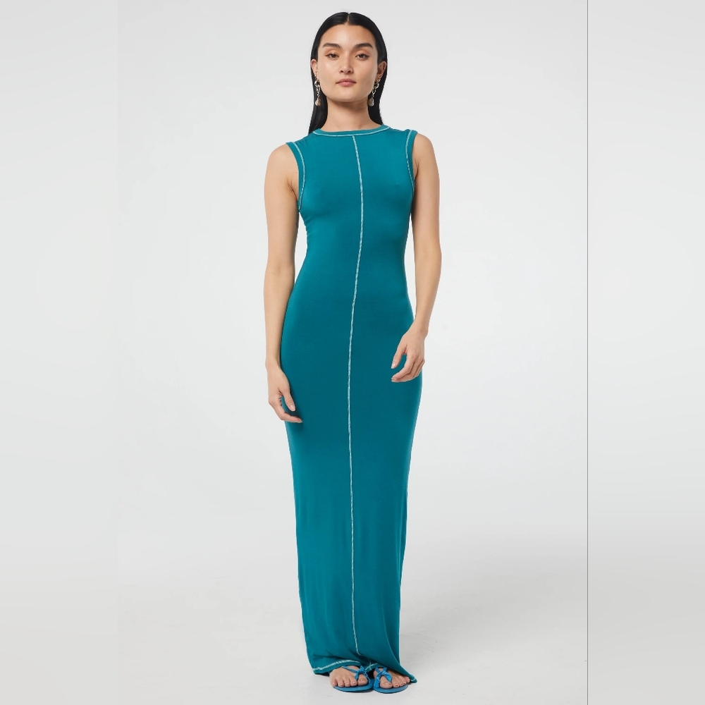 The Line by K Teal Sleeveless Maxi Dress with Center Contrast Stitch